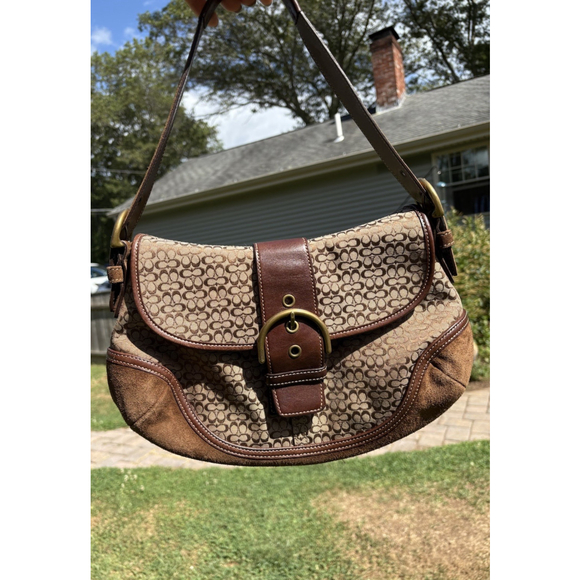 Y2K Coach Large SoHo Gold Hardware Buckle Flap Jacquard Brown Suede Shoulder Bag - Picture 6 of 16